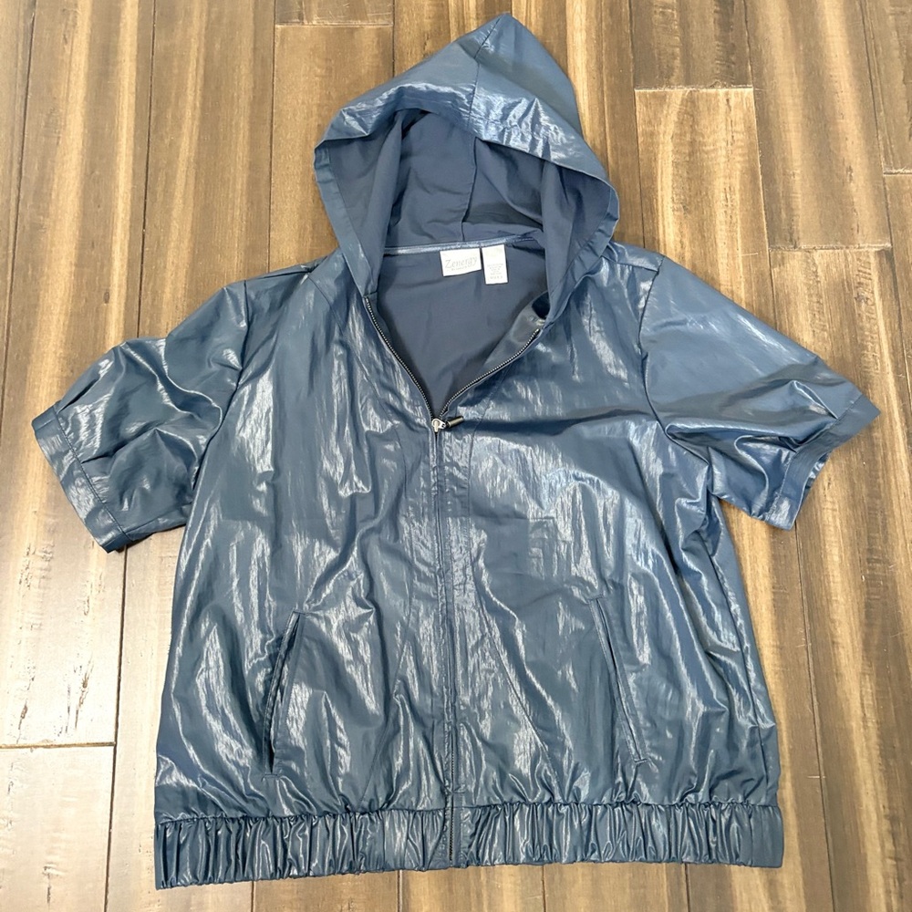 Zynergy by Chico’s Sz Blue Golf Jacket Hooded Zip Up Pockets Athletic Preppy